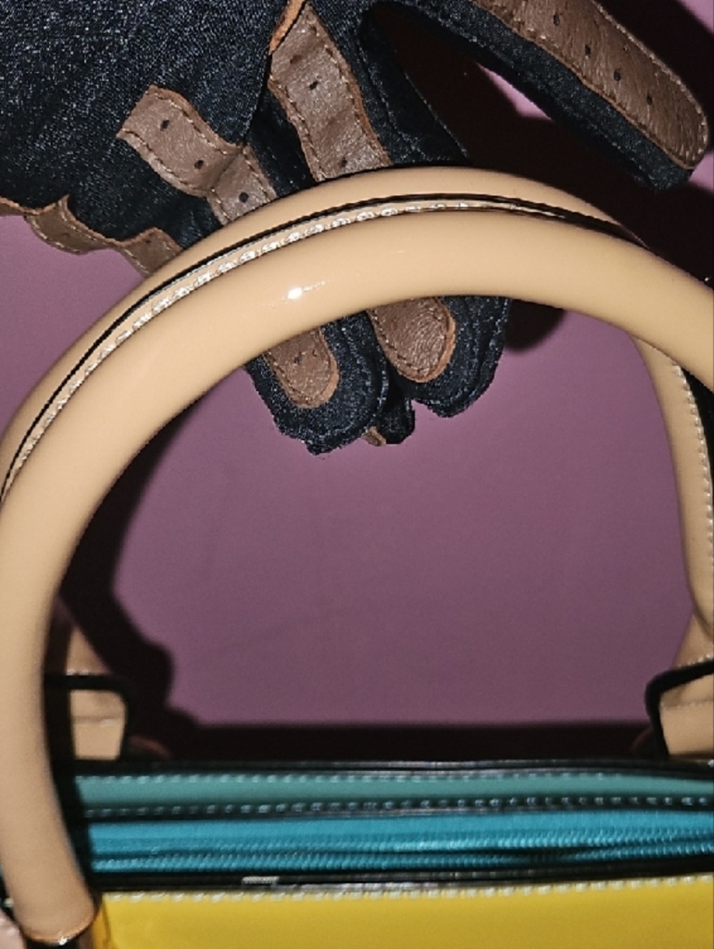 Colorblock Patent Leather Tote — Yellow, Teal & Tan - Picture 10 of 12